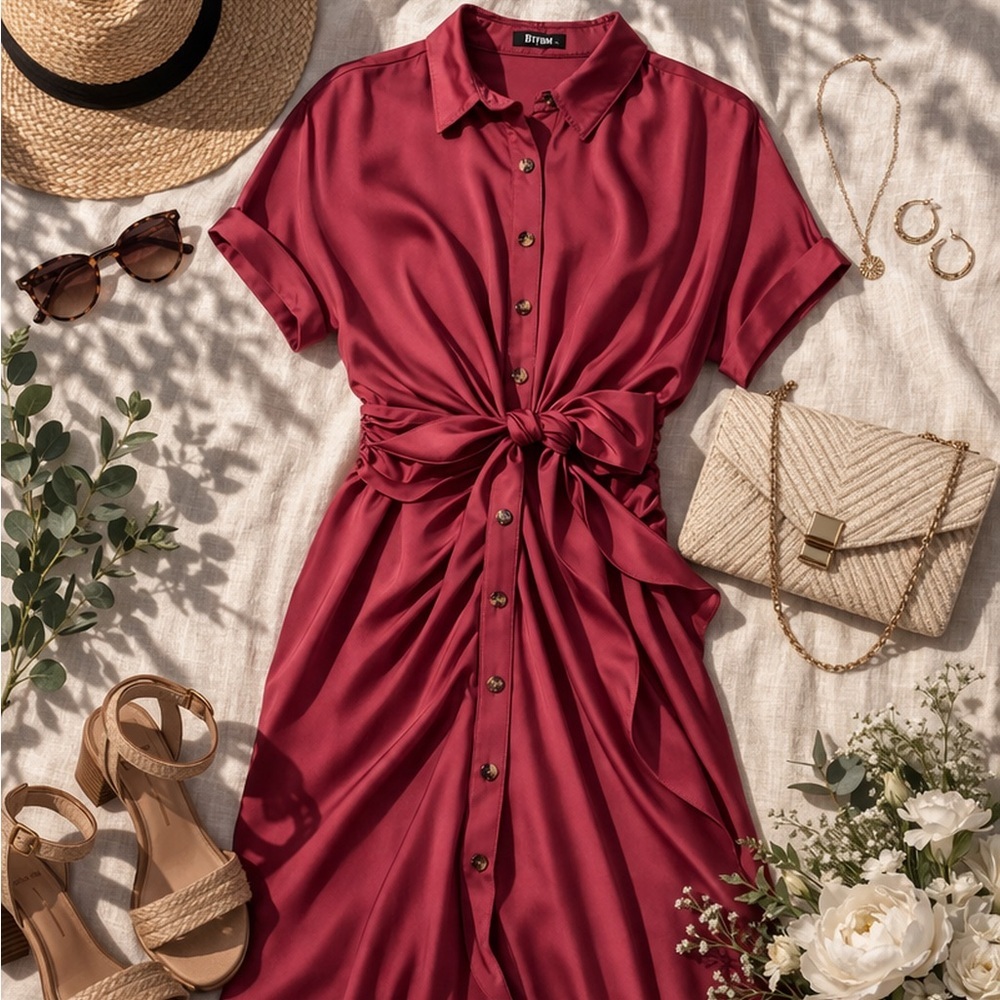 BTFBM Berry Button Front Tie Waist Midi Dress XL